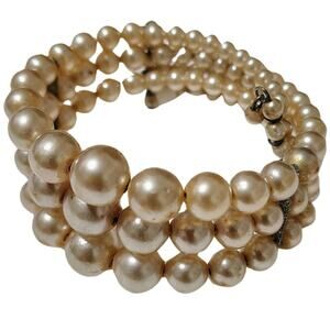 Champagne Pink Graduating Faux Pearl Three Strand Memory Wire Cuff Bracelet